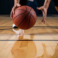 Naklejka premium Basketball above wood floor with hands and reflection