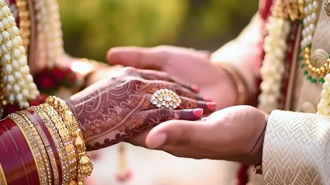 Indian Wedding Ceremony - Bride and Groom Holding Hands with Traditional Attire and Jewelry.