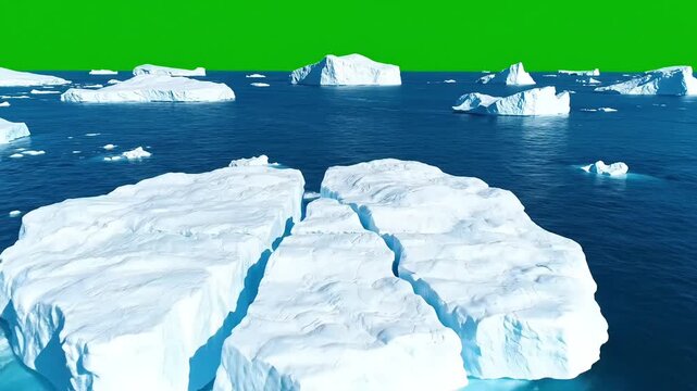 Vast Arctic landscape with floating icebergs under a clear green sky, representing a cold, pristine natural environment