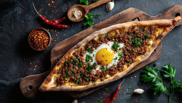 Delicious Turkish pid on wooden board with egg, meat, and herbs, beautifully presented on a dark surface, overhead view, a-professional-flat-lay-of-boat-shaped-turkish-pid.jpg