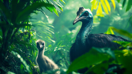 A cassowary gazes intently with its chick beside it, surrounded by lush jungle foliage