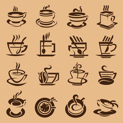 Fototapeta premium Coffee and Hot Beverage Symbol Set – 16 Elegant Brown Artistic Graphics Representing Espresso Cups, Mugs, and Steaming Drinks for Cafe Branding