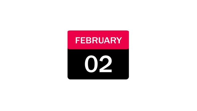 Flat design February 2nd calendar date icon with vibrant red header and bold black background for scheduling and event planning applications.