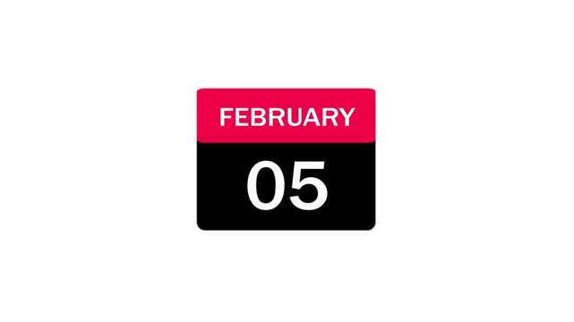 A clean and modern graphic illustration of a calendar page for February 5th. The icon features a bold pink header and a black body with white text.