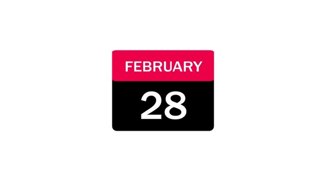 A clean, minimalist calendar icon depicting the 28th of February. This flat design features a vibrant pink header and a solid black body with white text.