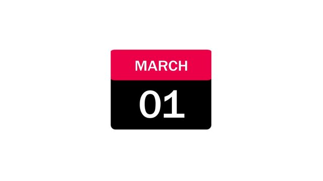 A minimalist digital icon of a calendar page displaying March 1st. The design uses a bold red and black color scheme with clean white typography on a white background.