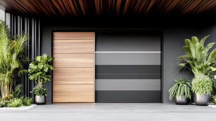 Modern garage with wooden door and lush green plants