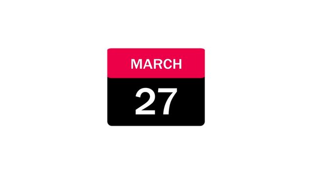 A clean, graphic calendar icon displaying the date March 27th, set against a white background with subtle UI metadata icons representing tags and users.