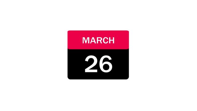 A clean minimalist calendar icon displaying the date March 26. The graphic features a vibrant pink header and black body on a plain white background, ideal for scheduling.