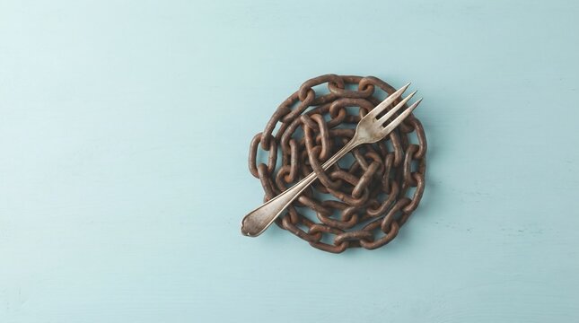 A silver dinner fork rests across a coiled, rusty metal chain set against a solid light blue background symbolizing dietary restriction.