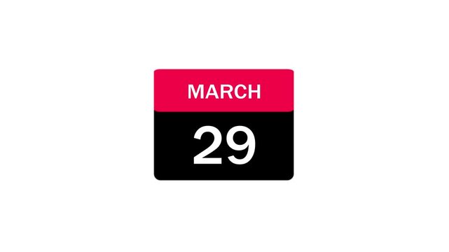 A minimalist flat design calendar icon showing the date March 29 with a red header and black background, ideal for schedule planning and event reminders.