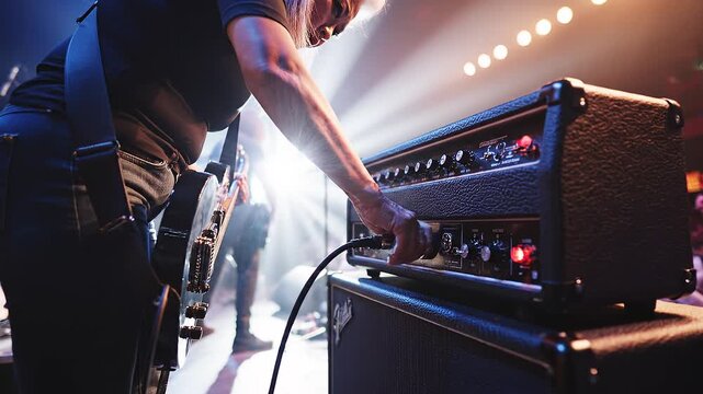 4K video of man adjusting music amplifier on stage