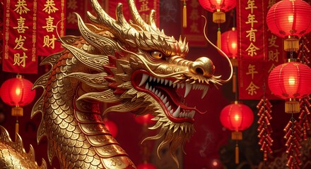 Fototapeta premium Golden Chinese Dragon with Red Lanterns Festive Background