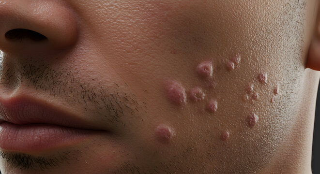 Close-Up Portrait Of A Young Man's Face With Acne Blemishes Capturing Skin Textures Accentuating Health And Beauty Concerns In Realism