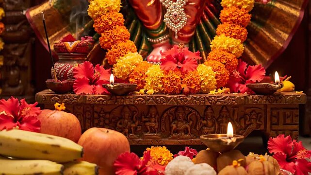 Colorful Hindu Pooja Altar Setup with Flowers Fruits and Diyas