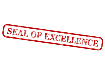Red and white seal of excellence stamp on black background