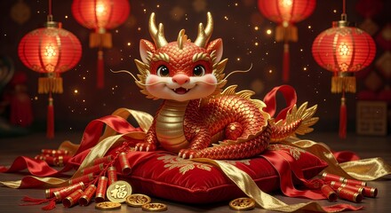 Fototapeta premium Festive Chinese Dragon Figurine with Red Lanterns