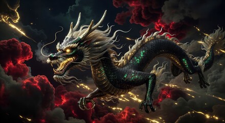 Obraz premium Storm Dragon Surrounded by Lightning and Red Clouds