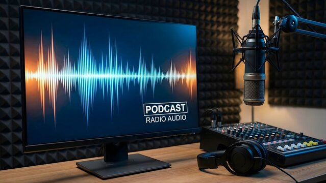 Dynamic Podcast & Radio Audio Production Setup with Waveform Monitor and Pro Gear