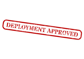 Red Deployment Approved Rubber Stamp on Black Background with Distressed Texture