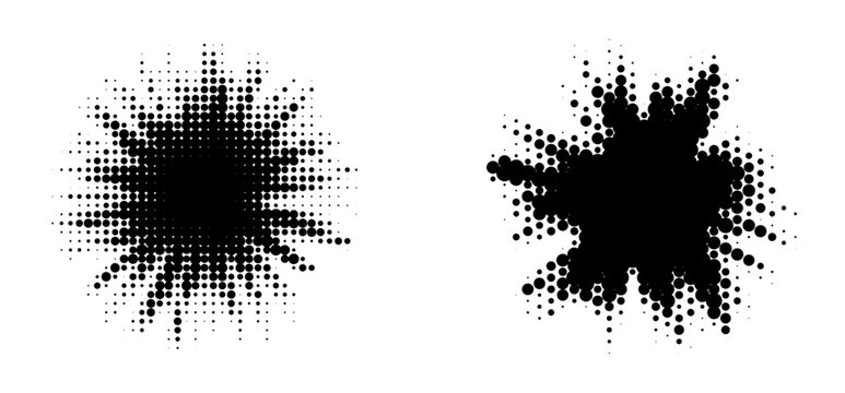 Halftone blast burst effect, bold dot explosion splash isolated element. Vector star shape with radial flare and grunge texture, retro bitmap pixel style for graphic design.