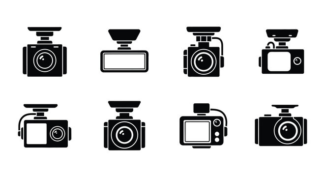 Black and white icons depicting various dash cam designs and orientations