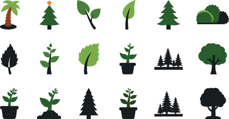 Professional minimalist nature icon set featuring flat vector trees, potted plants, forest silhouettes, and ecological symbols for web and UI design