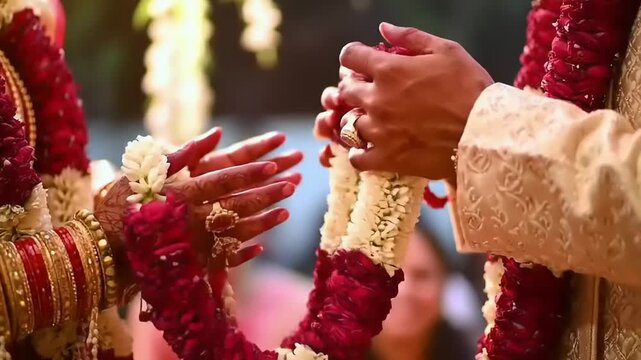 Indian Wedding Rituals - Bride and Groom Exchange Garlands in Traditional Ceremony.