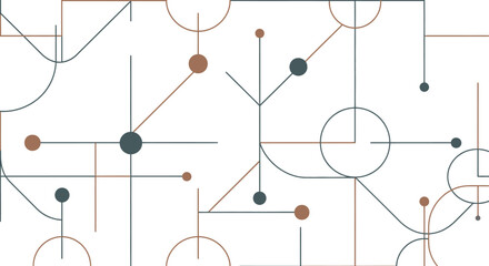 Naklejka premium Abstract geometric pattern with interconnected lines, circles, and dots in muted tones on a white background.
