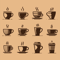 Obraz premium Coffee and Beverage Symbol Set – 12 Elegant Brown Solid Graphics Representing Various Mugs, Cups, and Steaming Hot Drinks for Cafe Branding