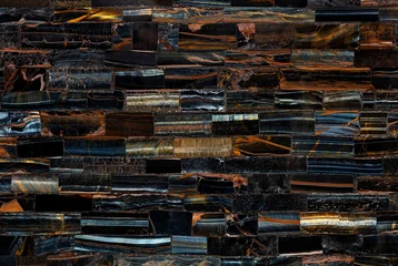 Fotobehang Marmer Tiger Eye Blue slab. Polished semiprecious stone for ceramic wall and floor digital tiles. Exclusive luxury gemstone background. Material for unique interior, exterior design decoration.  © Dmytro Synelnychenko