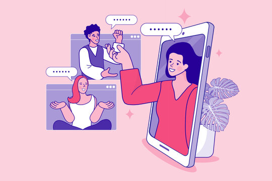 Online video conference and digital collaboration concept. Business people communicating via smartphone and web browser windows. Modern vector illustration for remote work and virtual meetings.