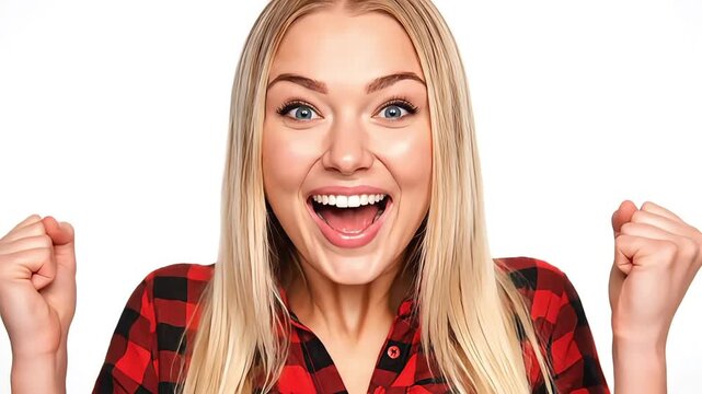 Excited blonde woman expressions celebrating winning moments on white background
