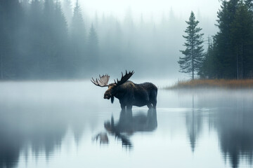 Lone moose standing in a foggy lake at dawn, surrounded by pine forest, its reflection visible in the still water