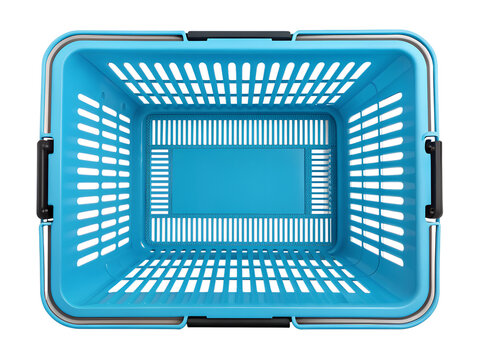 Blue shopping basket top view, Empty blue supermarket hand basket, Bright blue plastic grocery carrier, Vivid blue checkout shopping basket, Blue retail store basket overhead photo