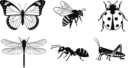 A collection of various insect icons featuring butterfly bee ladybug dragonfly ant and grasshopper in a simple black and white outline style perfect for nature-themed designs © Zohaib