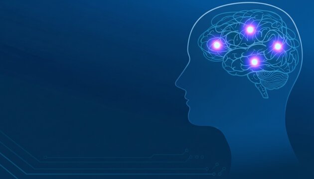 Human head silhouette with glowing blue brain representing intelligence and cognitive function in a dark background