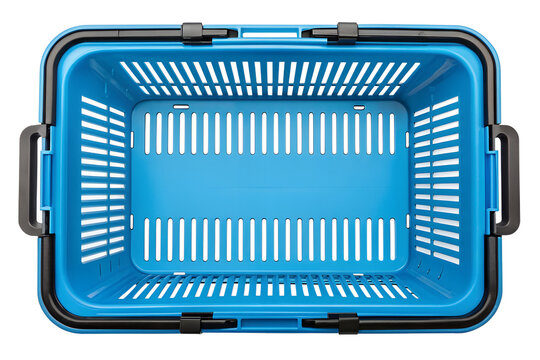 Blue shopping basket top view, Empty blue supermarket hand basket, Bright blue plastic grocery carrier, Vivid blue checkout shopping basket, Blue retail store basket overhead photo