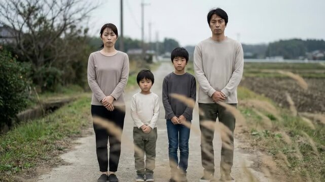 Japanese family of four, parents and two sons, standing together on a rural dirt road with serious expressions, portraying concepts of unity, challenge, and generational continuity