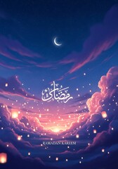 Evening sky with crescent moon and ornamental writing festive background