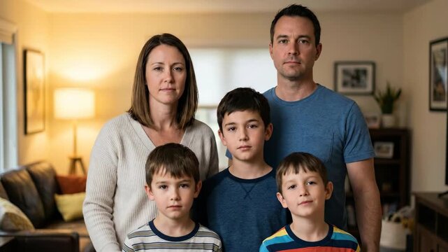 Parents with three sons standing together in a living room, facing the camera with calm, serious expressions, conveying family unity, support and everyday domestic life