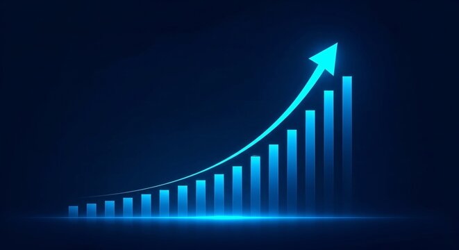 Glowing blue bar graph with upward trending arrow illustrates financial growth economic progress and successful business strategy against a dark abstract background symbolizing positive investment
