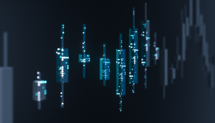 Futuristic candlestick trading chart with data points. AI financial market concept. 3d rendering