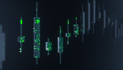 Futuristic candlestick trading chart with data points. AI financial market concept. 3d rendering