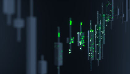 Futuristic candlestick trading chart with data points. AI financial market concept. 3d rendering
