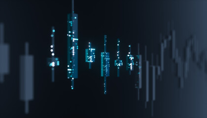 Futuristic candlestick trading chart with data points. AI financial market concept. 3d rendering