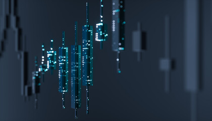 Futuristic candlestick trading chart with data points. AI financial market concept. 3d rendering