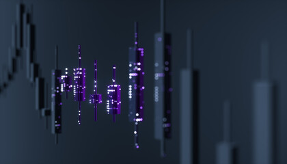 Futuristic candlestick trading chart with data points. AI financial market concept. 3d rendering