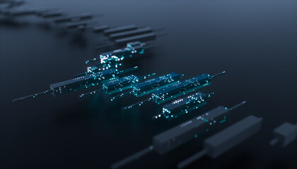 Futuristic candlestick trading chart with data points. AI financial market concept. 3d rendering