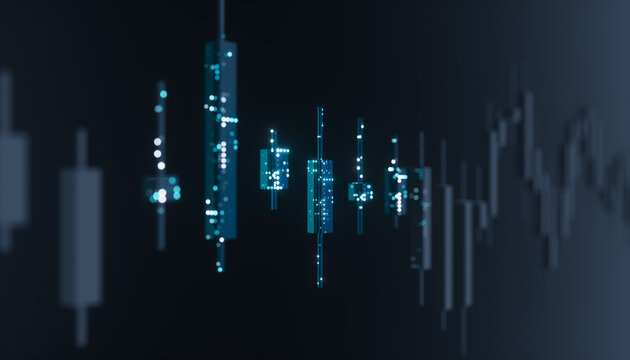 Futuristic candlestick trading chart with data points. AI financial market concept. 3d rendering